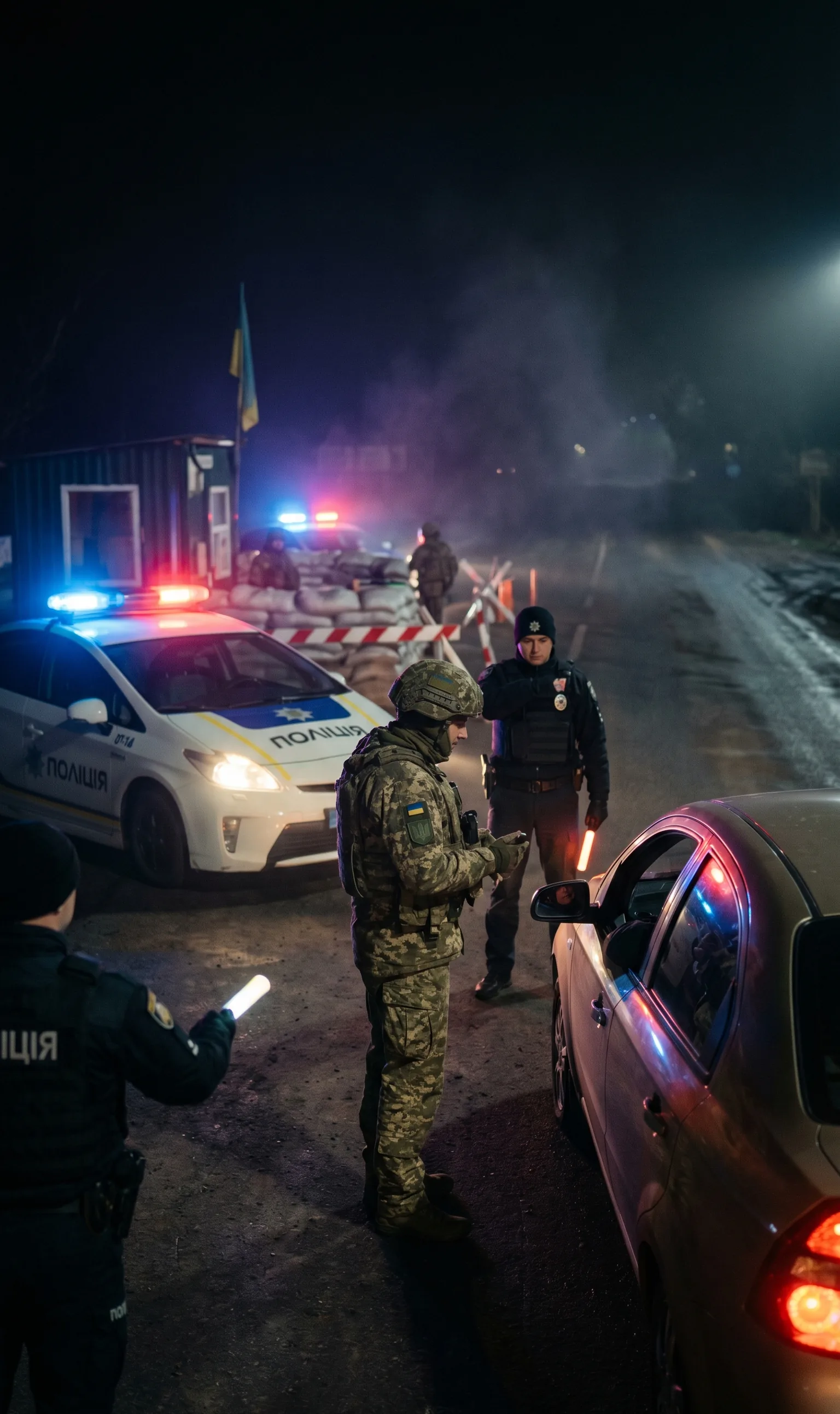 Нічна дорога, блок-пост у поліцейському світлі